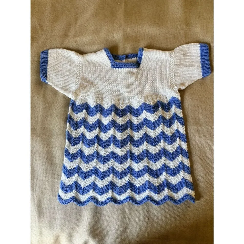 Vintage 1960s Hand Knit Baby Dress Blue White Chevron 9-12M